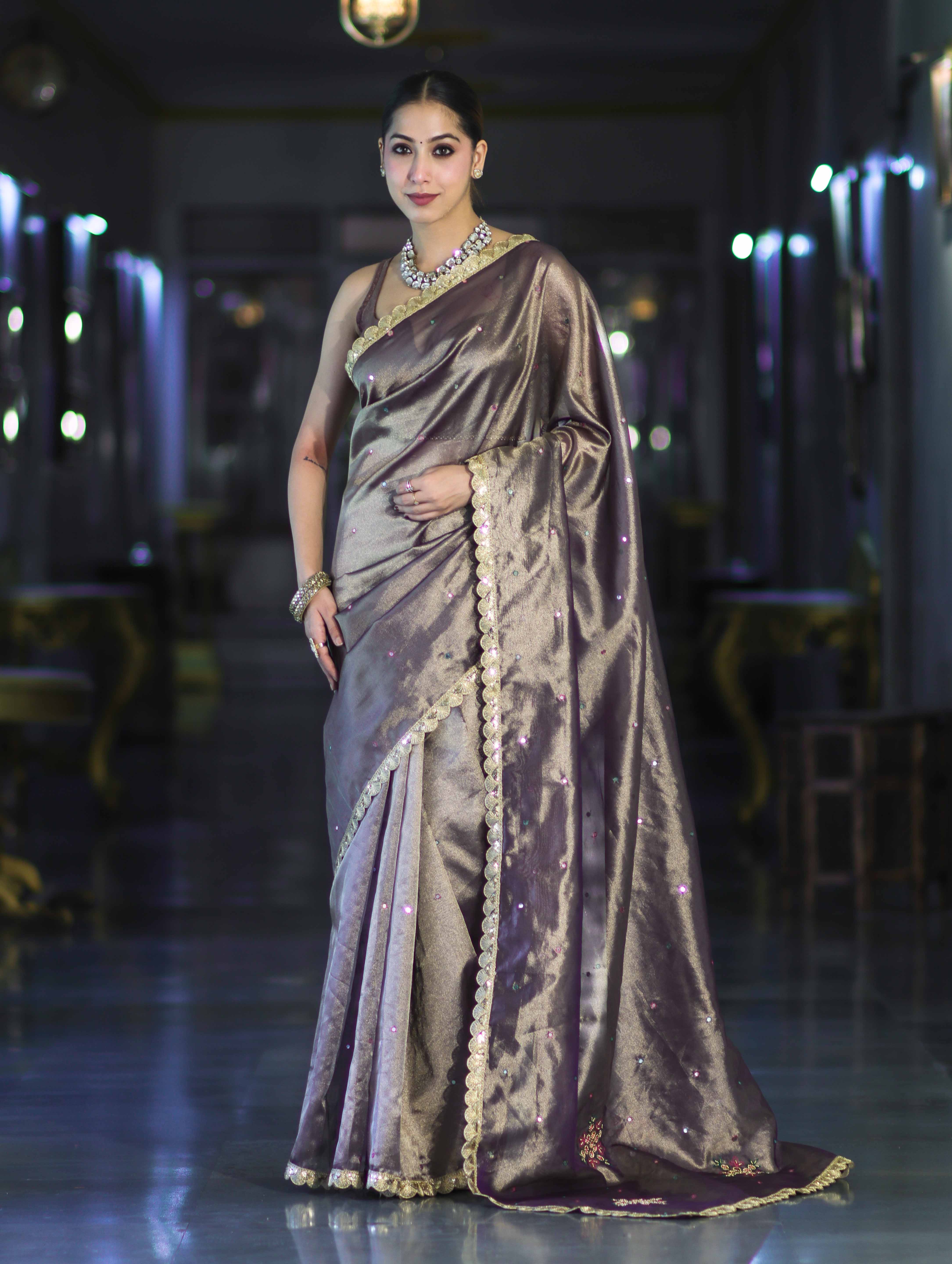 Banarasee Handwoven Tissue Saree With Handwoven Pearl Motifs & Lace-Mauve