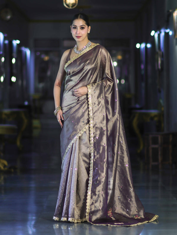 Banarasee Handwoven Tissue Saree With Handwoven Pearl Motifs & Lace-Mauve
