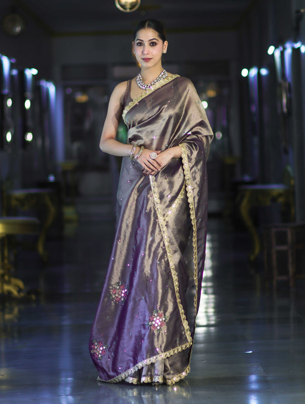 Banarasee Handwoven Tissue Saree With Handwoven Pearl Motifs & Lace-Mauve