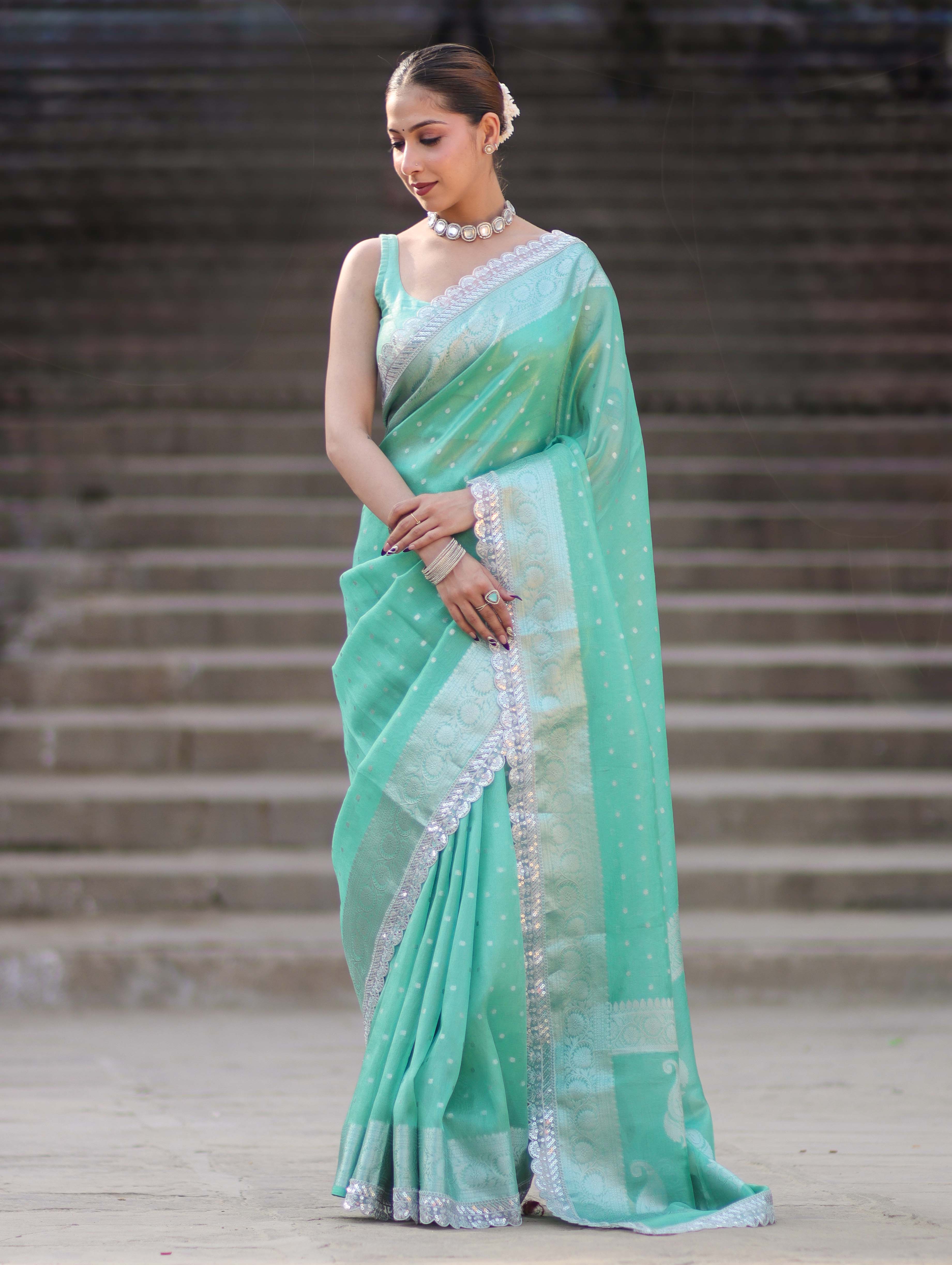 Banarasee Handloom Tissue Saree With Zari Buti Design Border & Lace-Pastel Green