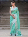 Banarasee Handloom Tissue Saree With Zari Buti Design Border & Lace-Pastel Green