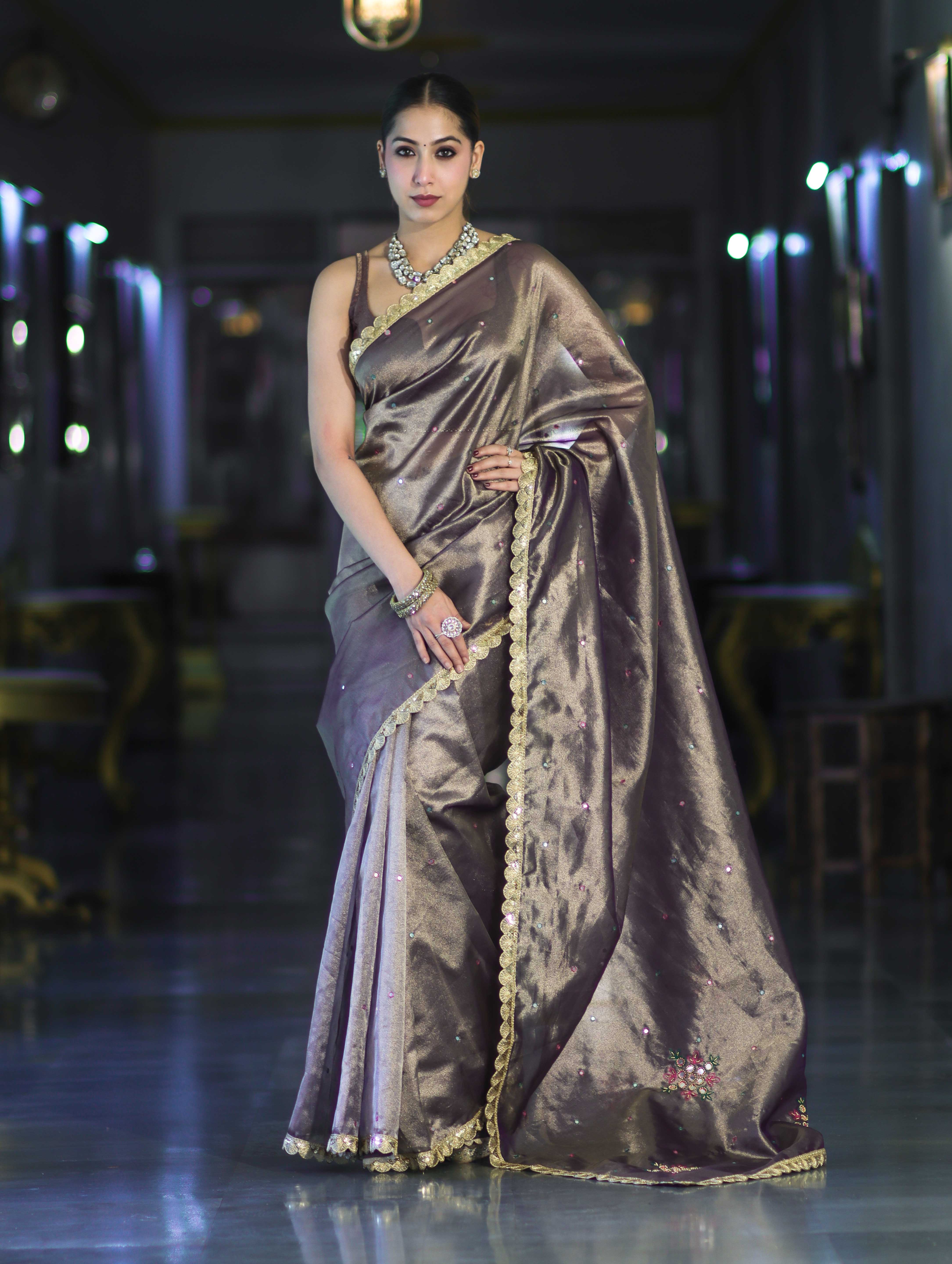 Banarasee Handwoven Tissue Saree With Handwoven Pearl Motifs & Lace-Mauve