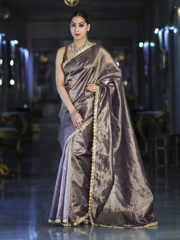 Banarasee Handwoven Tissue Saree With Handwoven Pearl Motifs & Lace-Mauve