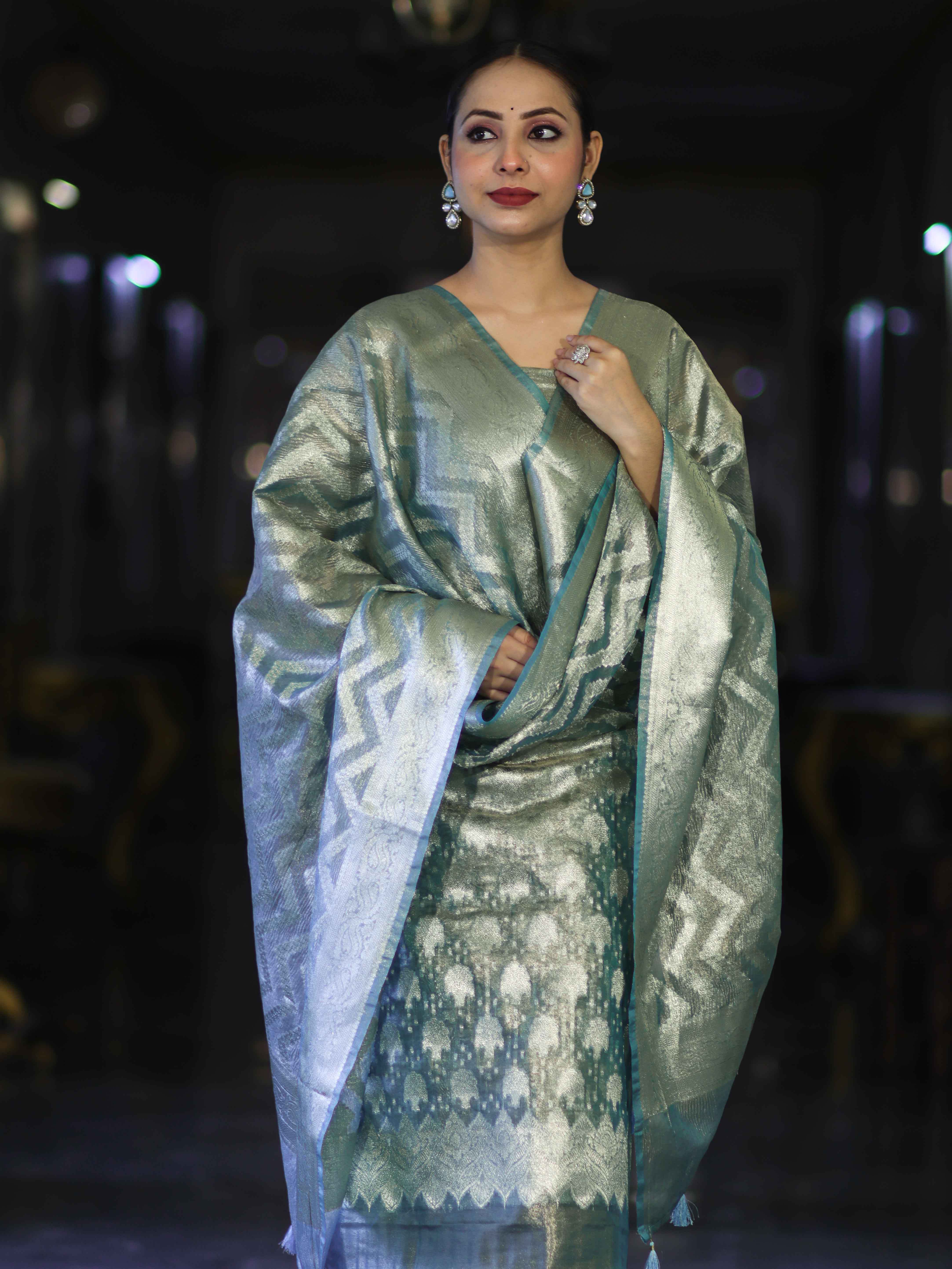 Banarasee Tissue Zari Work Salwar Kameez Fabric With Dupatta Set-Aqua Blue