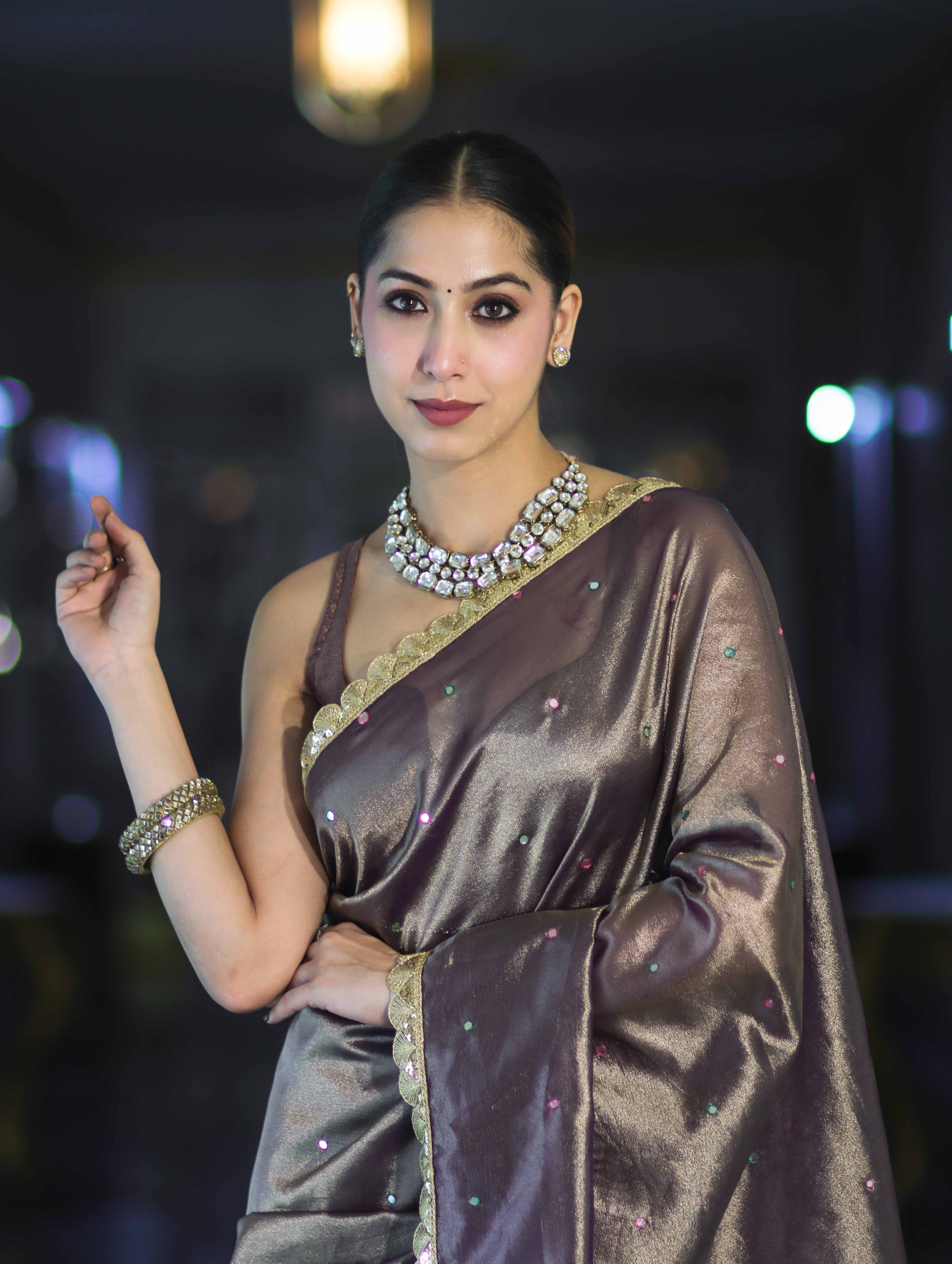 Banarasee Handwoven Tissue Saree With Handwoven Pearl Motifs & Lace-Mauve