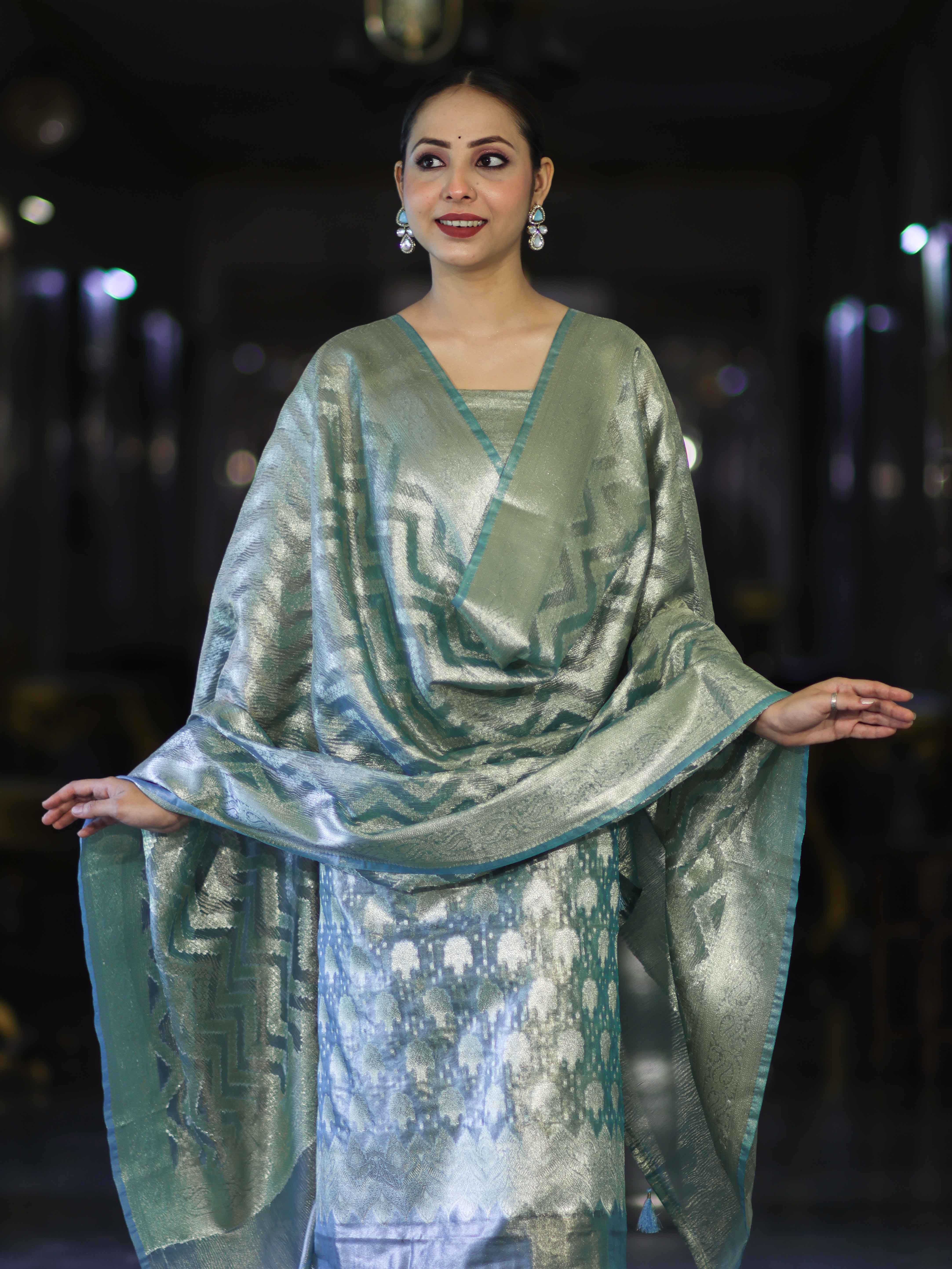 Banarasee Tissue Zari Work Salwar Kameez Fabric With Dupatta Set-Aqua Blue