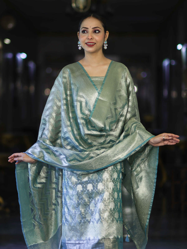 Banarasee Tissue Zari Work Salwar Kameez Fabric With Dupatta Set-Aqua Blue