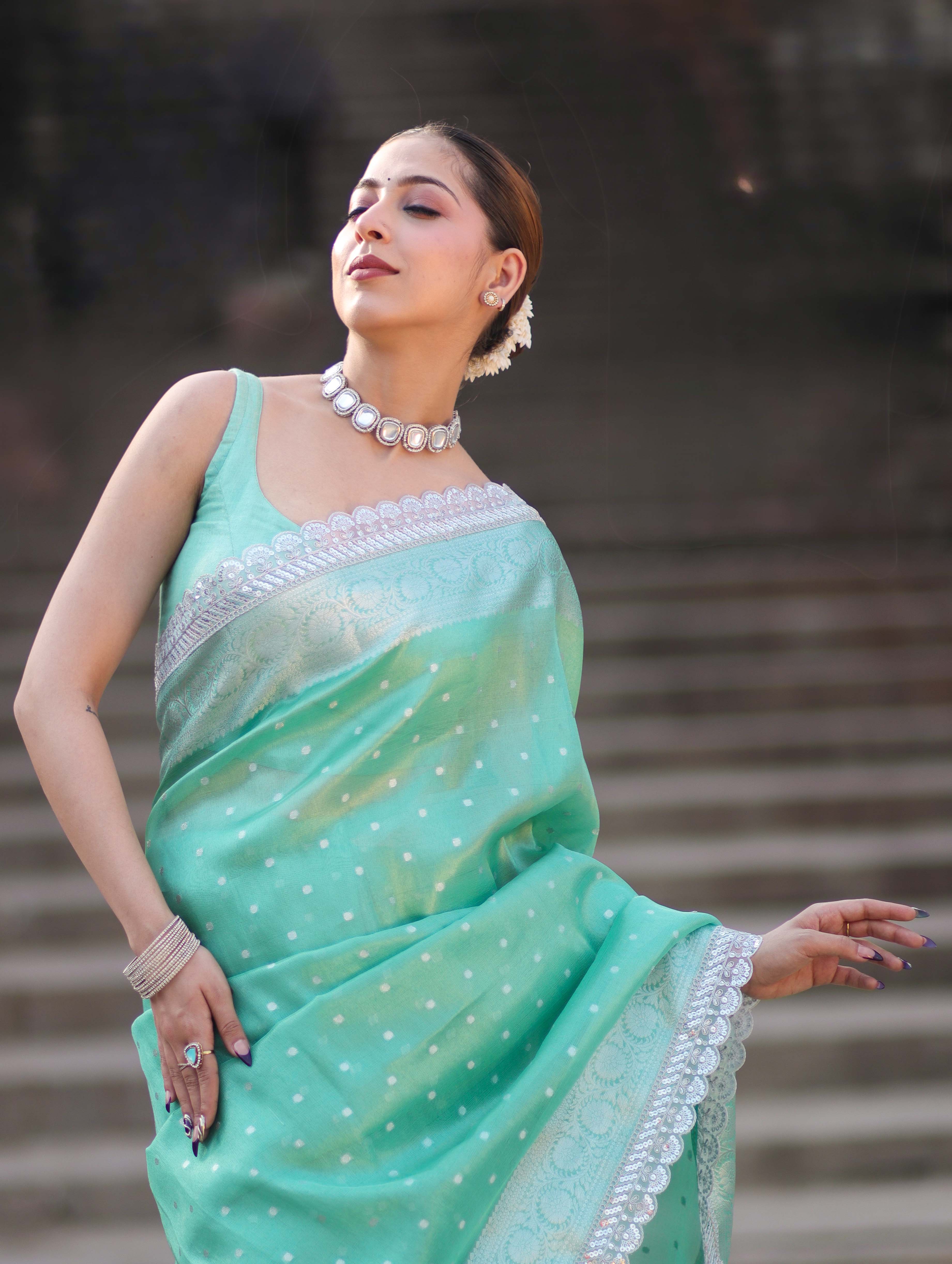 Banarasee Handloom Tissue Saree With Zari Buti Design Border & Lace-Pastel Green