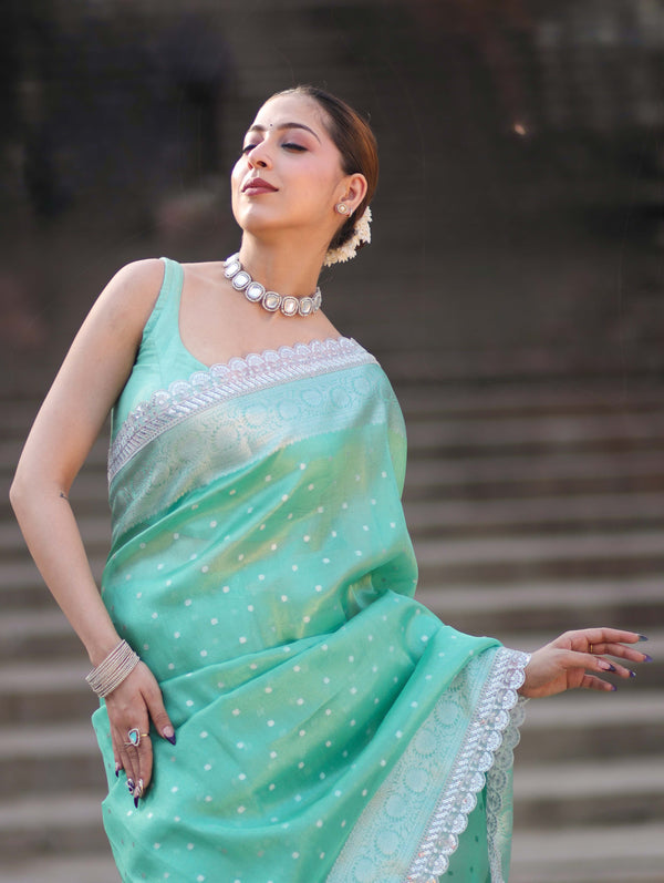Banarasee Handloom Tissue Saree With Zari Buti Design Border & Lace-Pastel Green