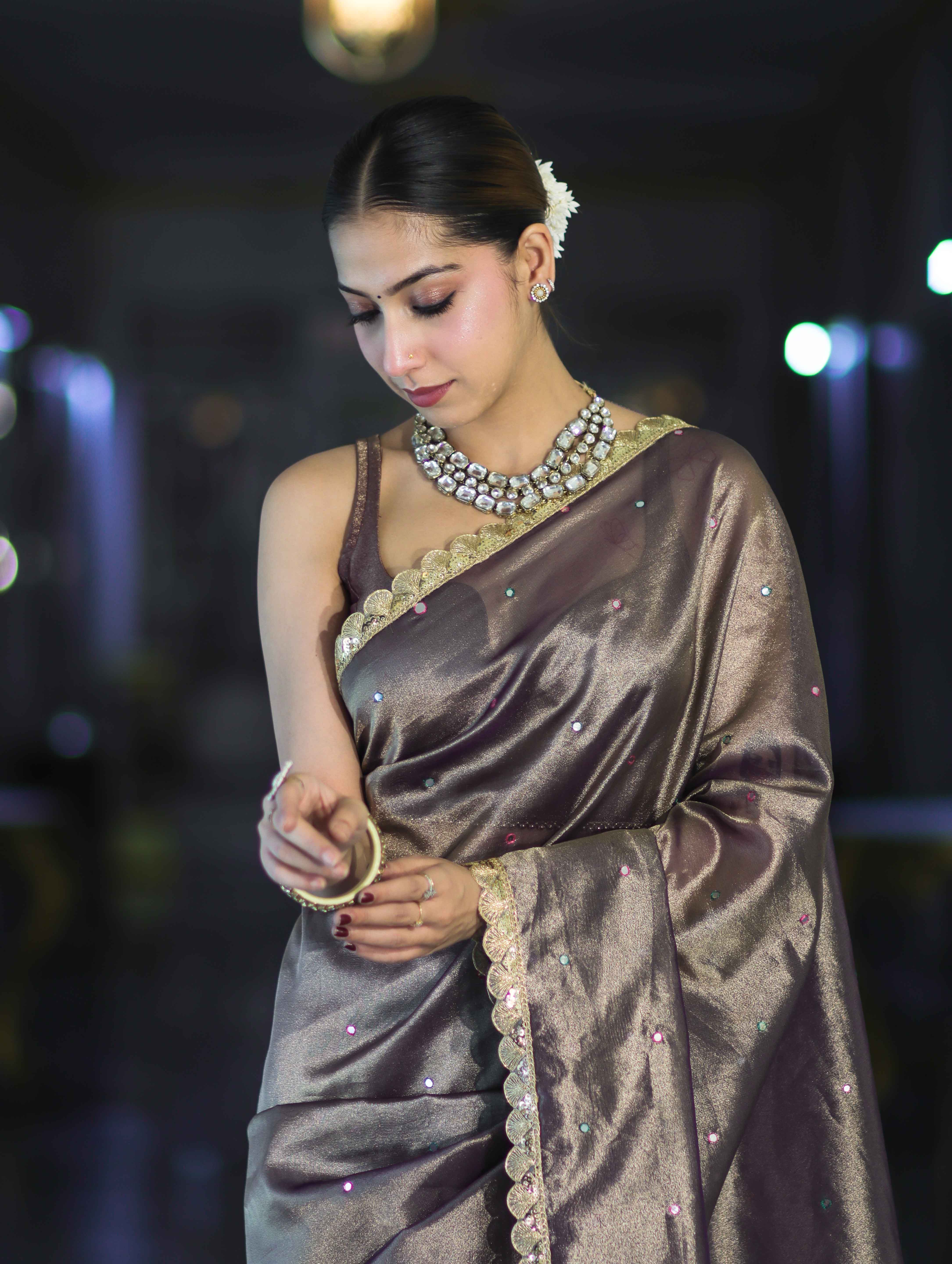 Banarasee Handwoven Tissue Saree With Handwoven Pearl Motifs & Lace-Mauve
