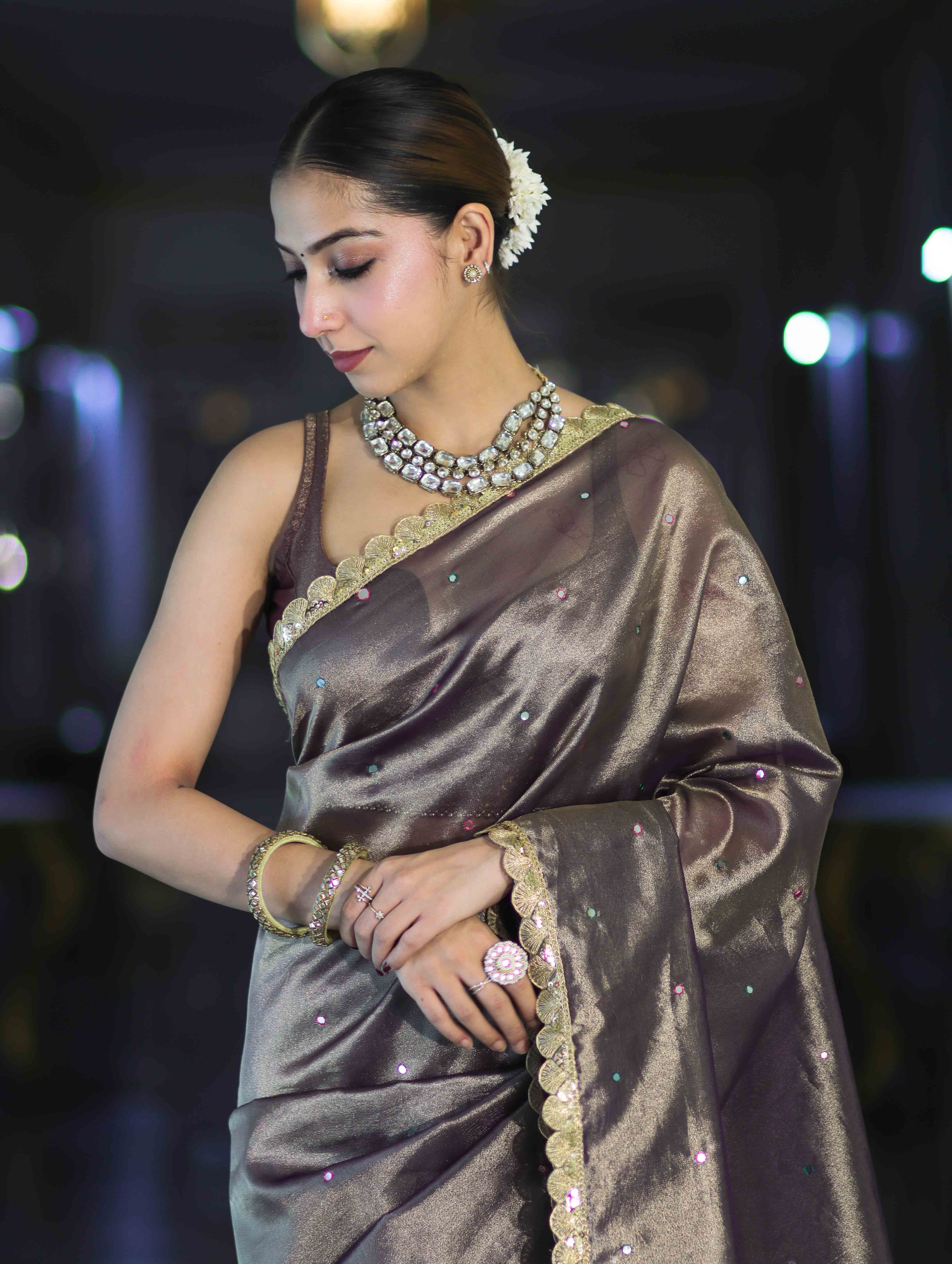 Banarasee Handwoven Tissue Saree With Handwoven Pearl Motifs & Lace-Mauve