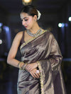 Banarasee Handwoven Tissue Saree With Handwoven Pearl Motifs & Lace-Mauve