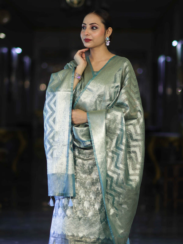 Banarasee Tissue Zari Work Salwar Kameez Fabric With Dupatta Set-Aqua Blue