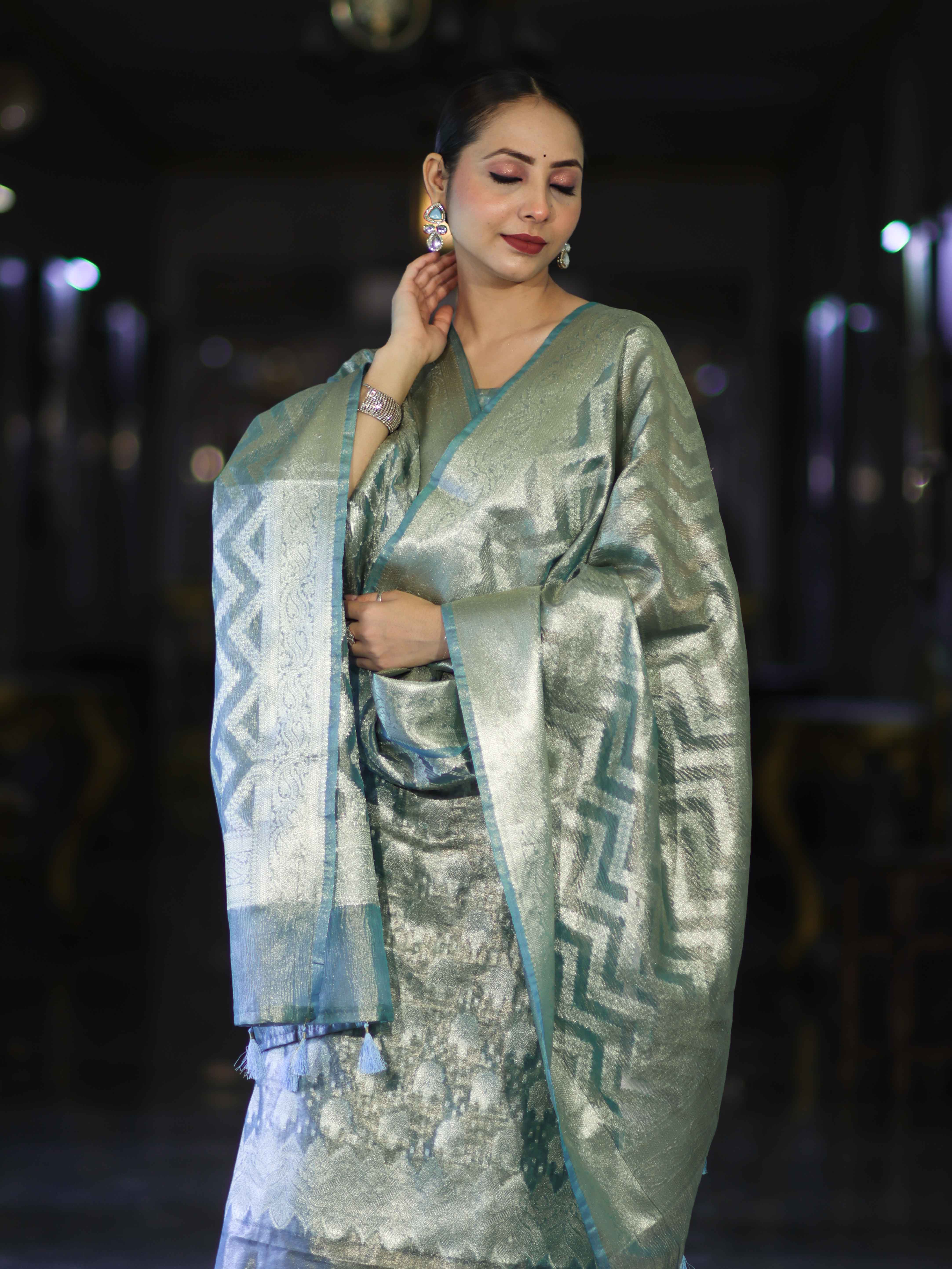 Banarasee Tissue Zari Work Salwar Kameez Fabric With Dupatta Set-Aqua Blue