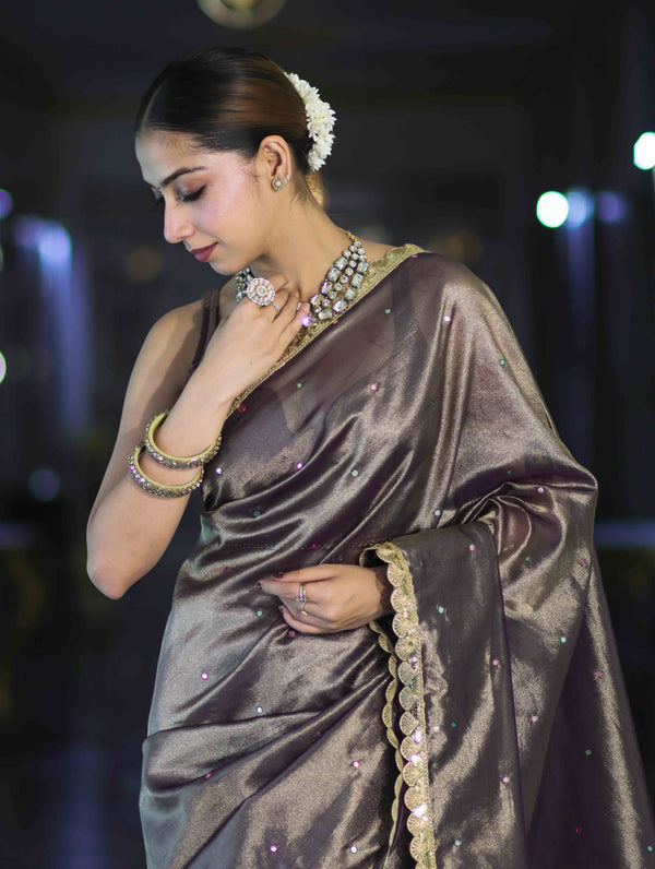 Banarasee Handwoven Tissue Saree With Handwoven Pearl Motifs & Lace-Mauve