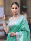Banarasee Handloom Tissue Saree With Zari Buti Design Border & Lace-Pastel Green