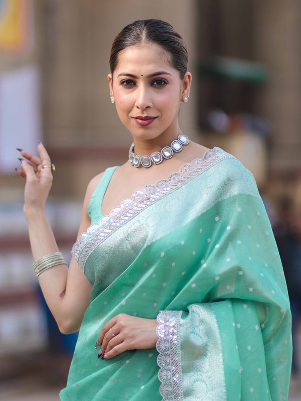 Banarasee Handloom Tissue Saree With Zari Buti Design Border & Lace-Pastel Green