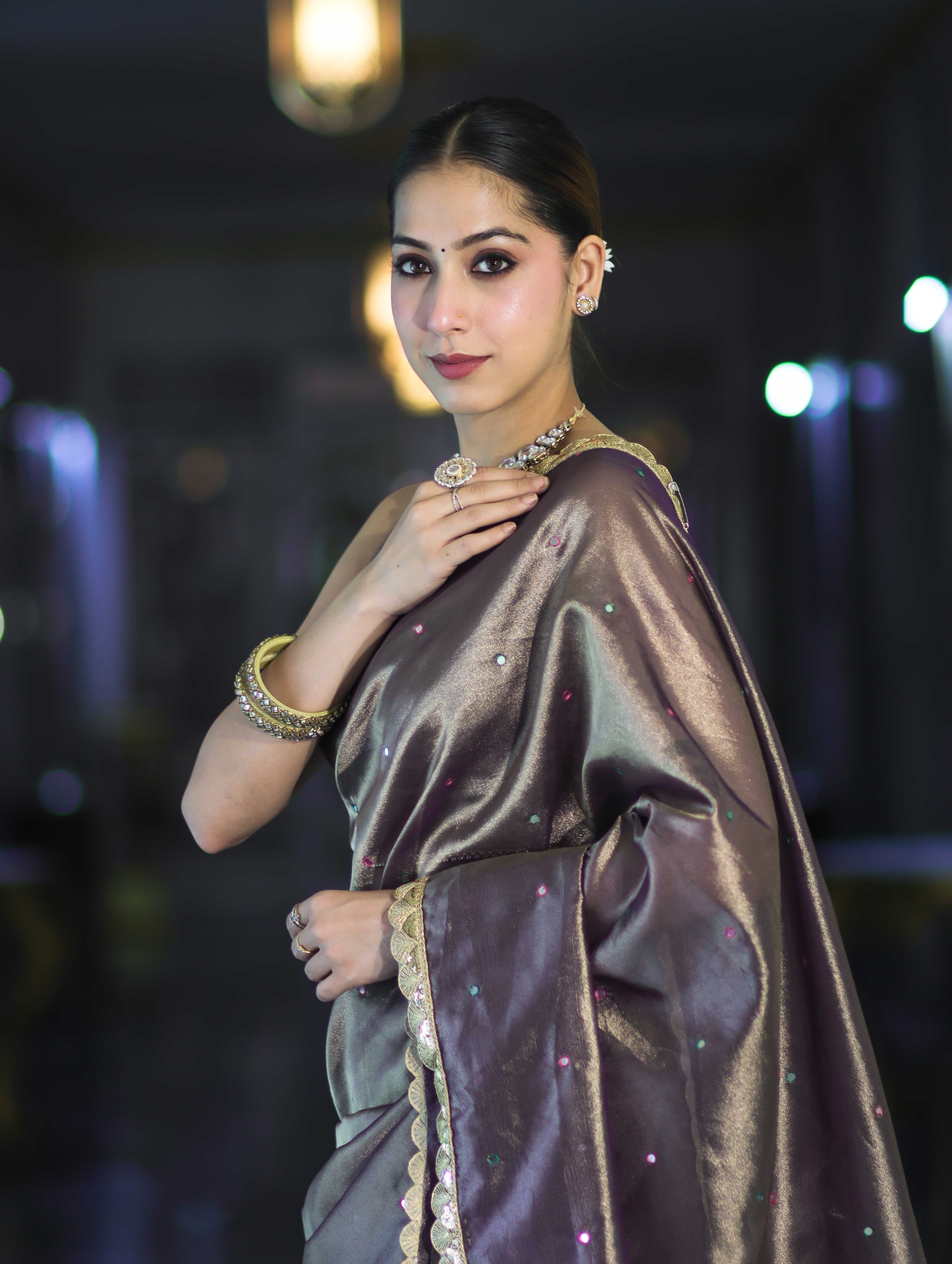 Banarasee Handwoven Tissue Saree With Handwoven Pearl Motifs & Lace-Mauve