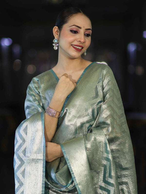 Banarasee Tissue Zari Work Salwar Kameez Fabric With Dupatta Set-Aqua Blue