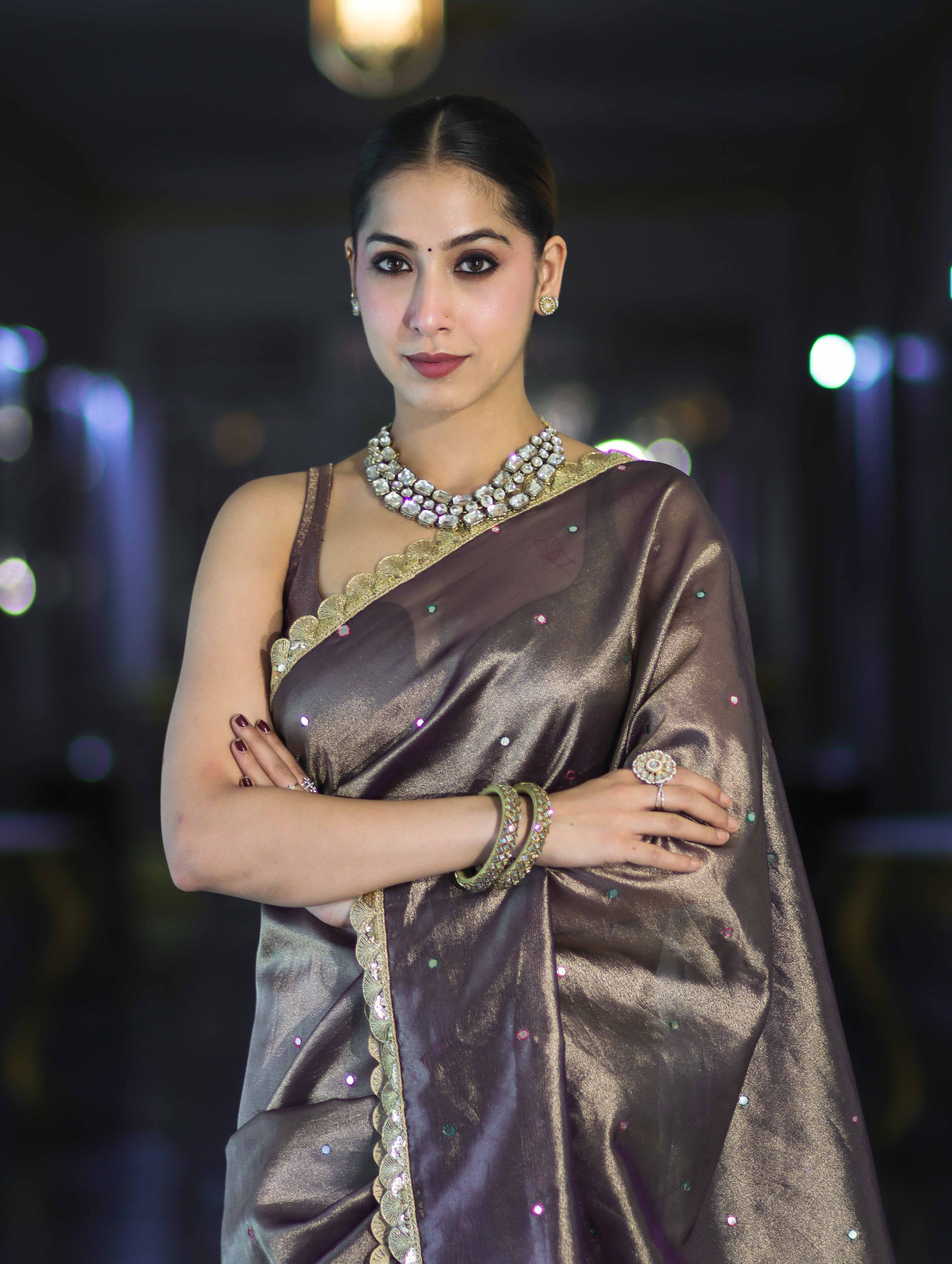 Banarasee Handwoven Tissue Saree With Handwoven Pearl Motifs & Lace-Mauve