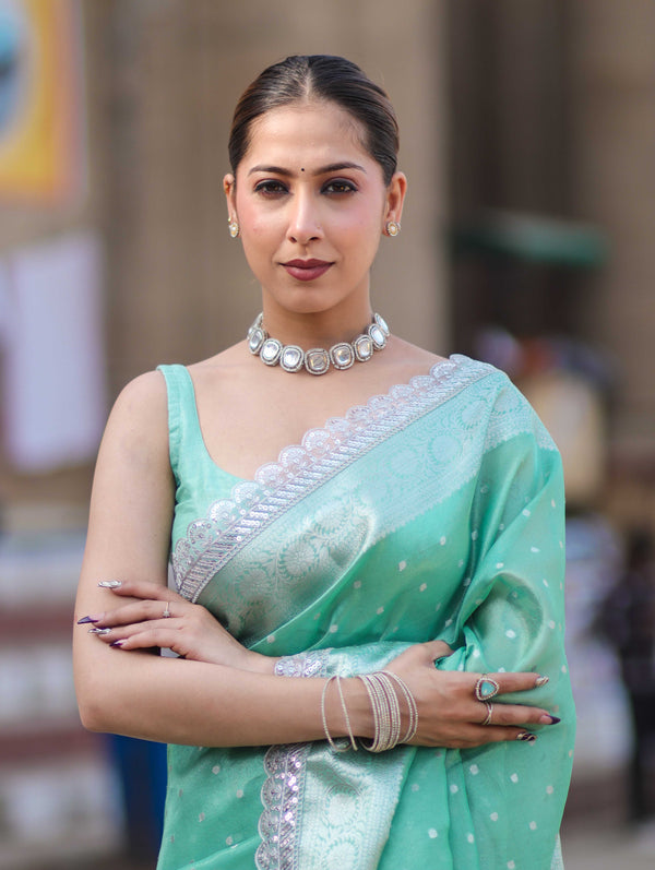 Banarasee Handloom Tissue Saree With Zari Buti Design Border & Lace-Pastel Green