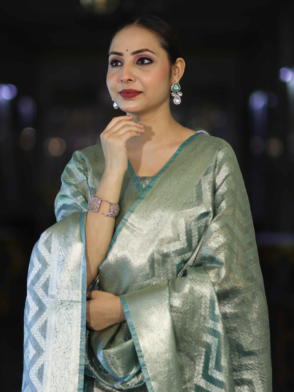 Banarasee Tissue Zari Work Salwar Kameez Fabric With Dupatta Set-Aqua Blue