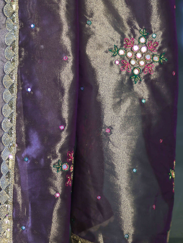 Banarasee Handwoven Tissue Saree With Handwoven Pearl Motifs & Lace-Mauve