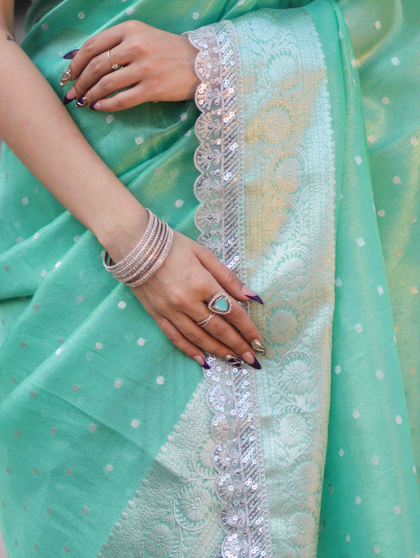 Banarasee Handloom Tissue Saree With Zari Buti Design Border & Lace-Pastel Green