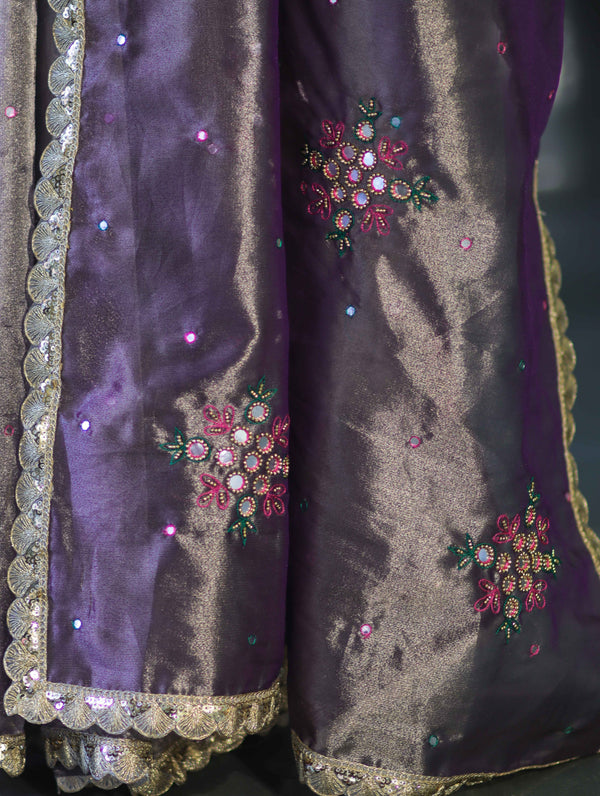 Banarasee Handwoven Tissue Saree With Handwoven Pearl Motifs & Lace-Mauve