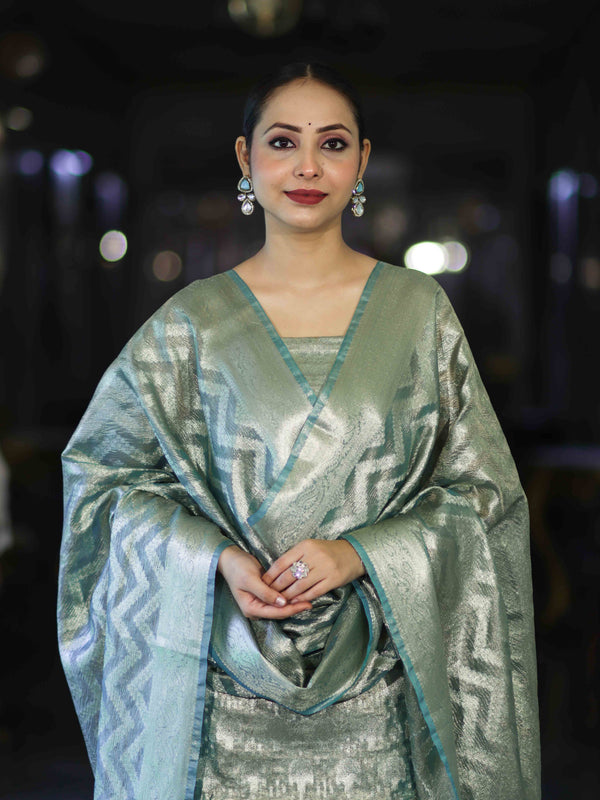 Banarasee Tissue Zari Work Salwar Kameez Fabric With Dupatta Set-Aqua Blue