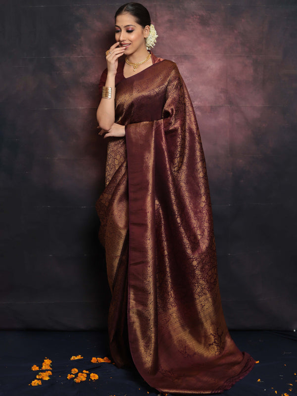 Banarasee Kubera Pattu Soft Silk Saree With Copper Zari Work-Brown