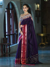 Banarasee Handloom Plain Semi Silk Saree With Contrast Border-Violet & Grey