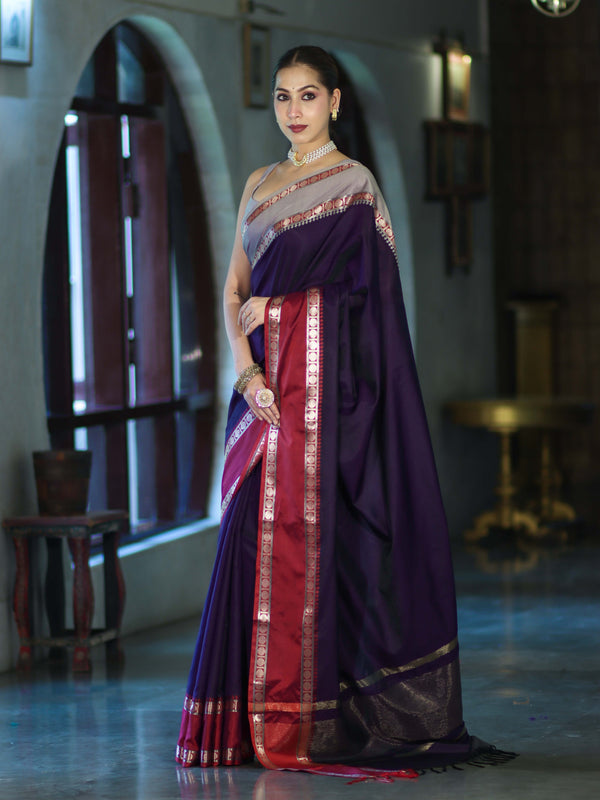 Banarasee Handloom Plain Semi Silk Saree With Contrast Border-Violet & Grey