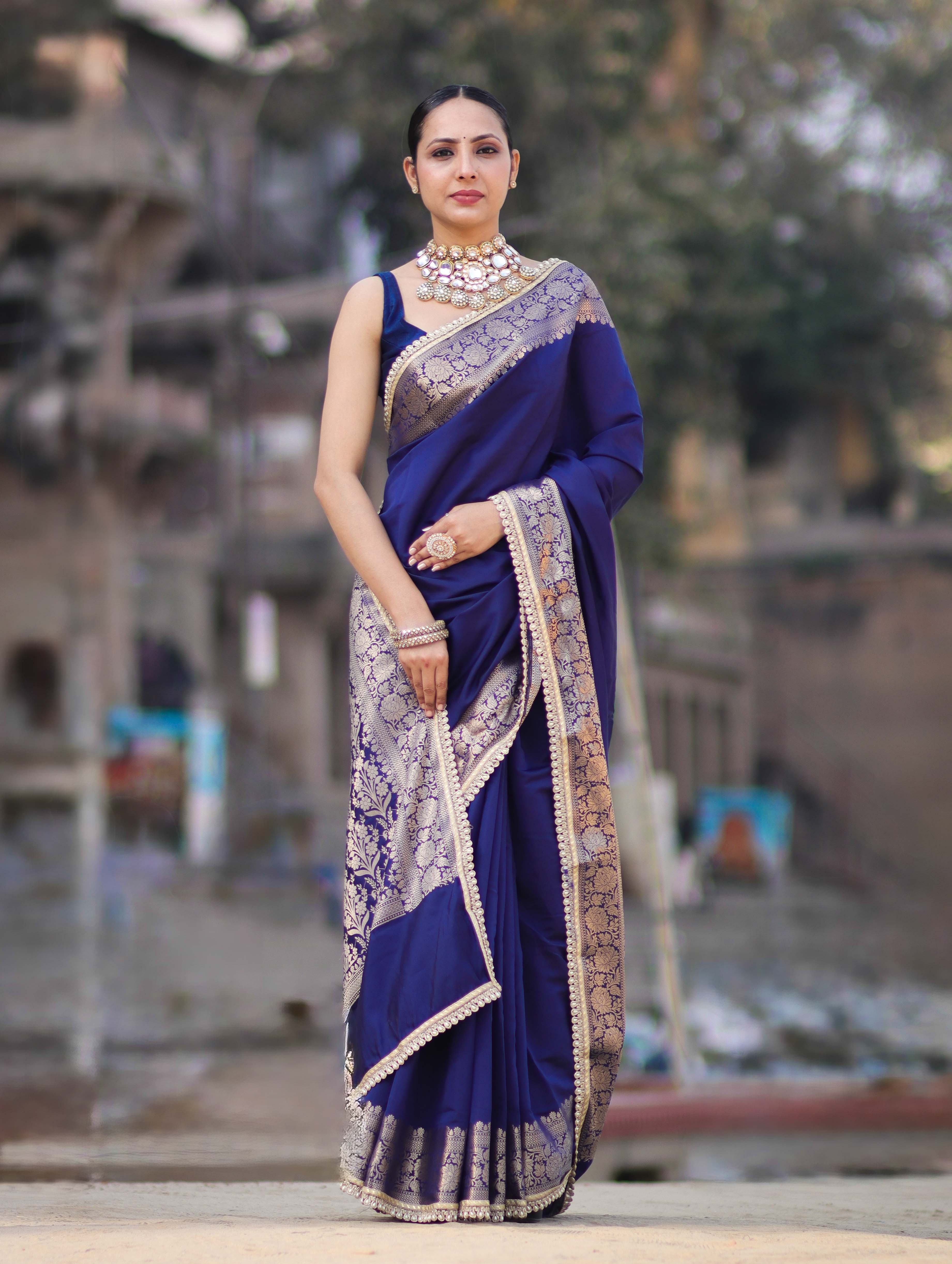 Banarasee Handloom Semi Silk Plain Saree With Zari Border & Lace-Blue