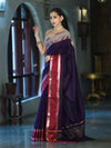 Banarasee Handloom Plain Semi Silk Saree With Contrast Border-Violet & Grey