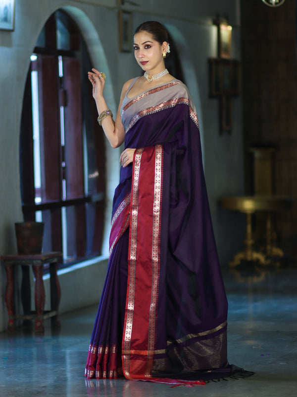 Banarasee Handloom Plain Semi Silk Saree With Contrast Border-Violet & Grey