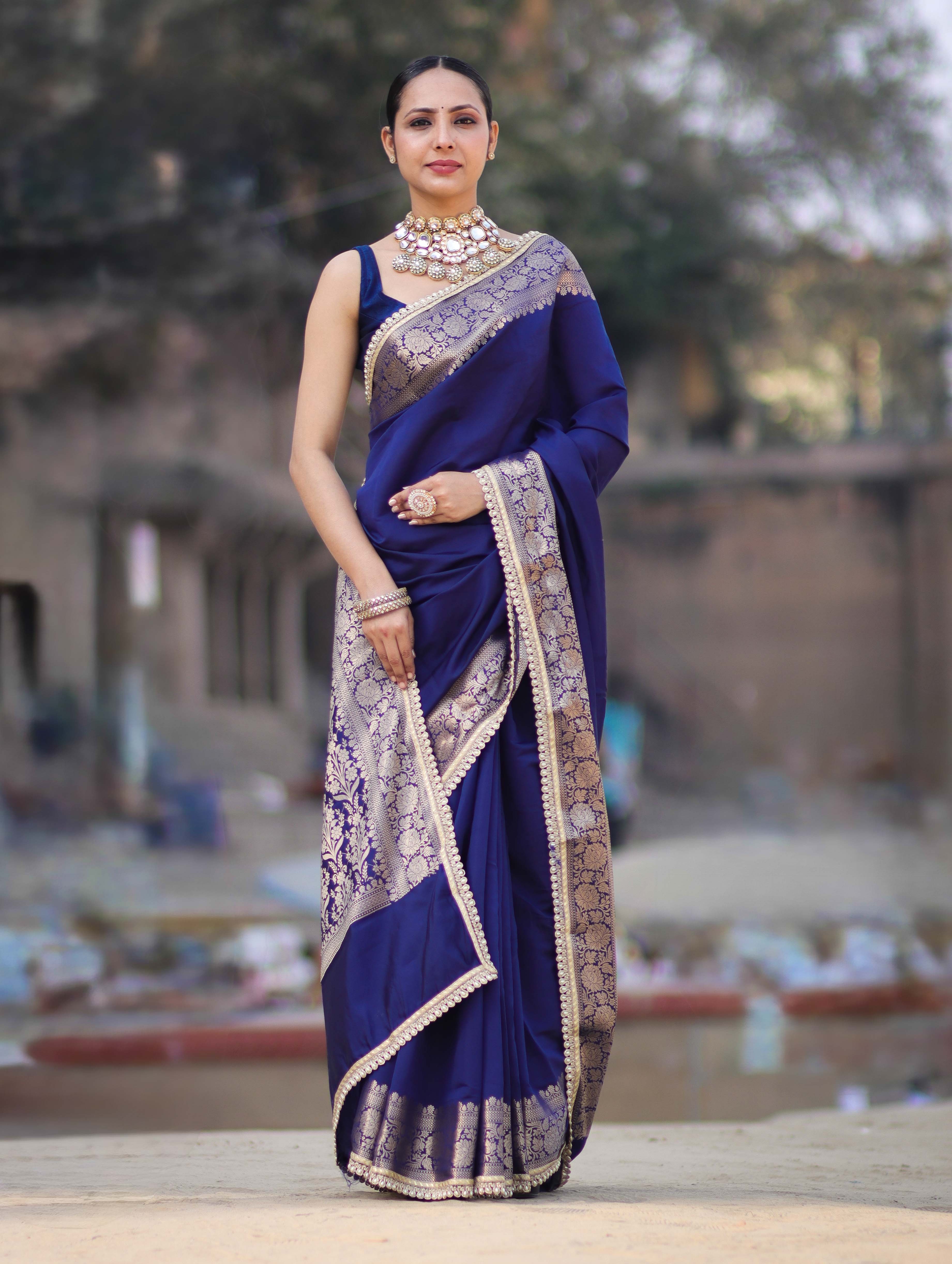 Banarasee Handloom Semi Silk Plain Saree With Zari Border & Lace-Blue