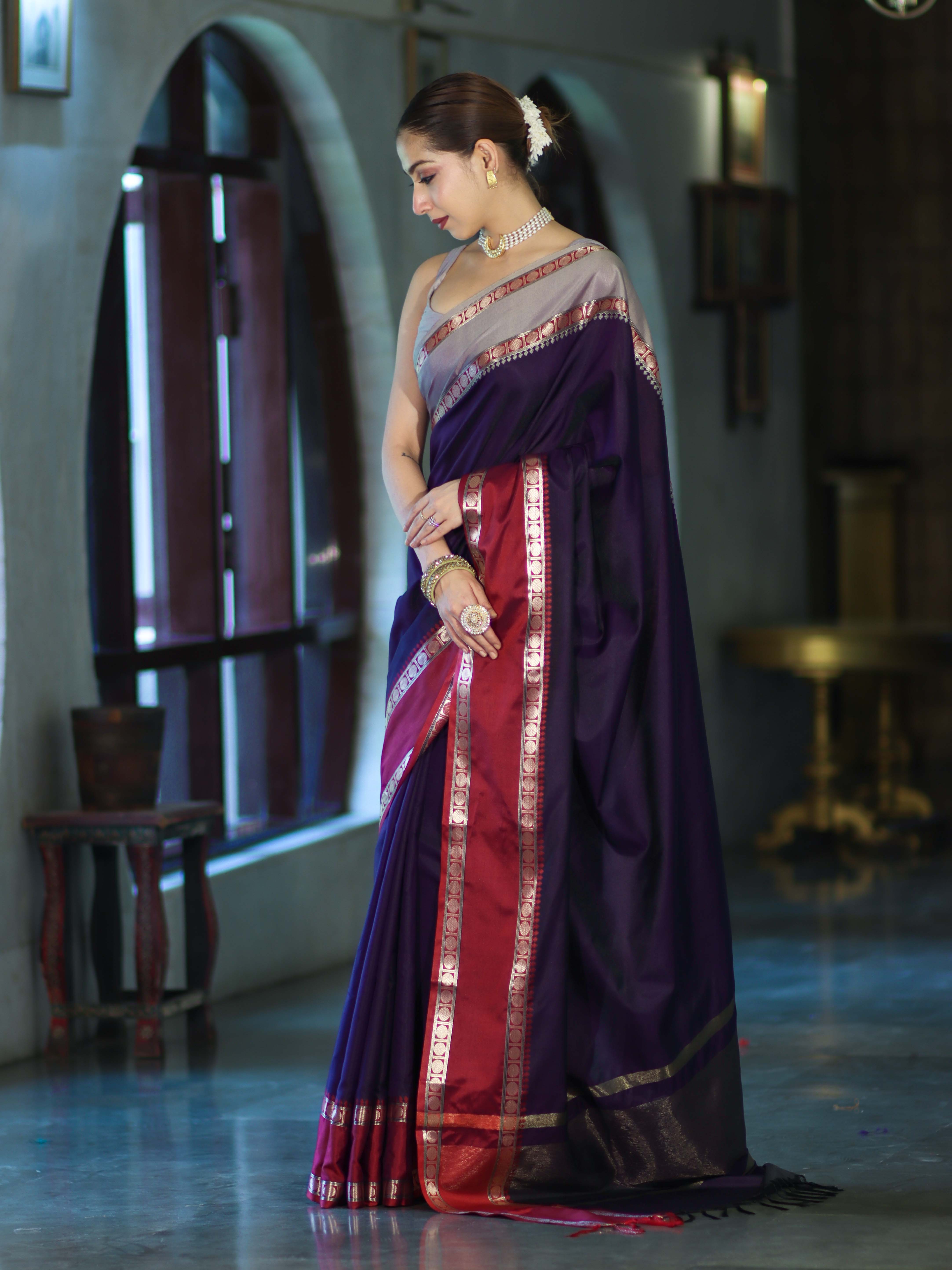 Banarasee Handloom Plain Semi Silk Saree With Contrast Border-Violet & Grey