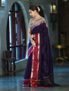 Banarasee Handloom Plain Semi Silk Saree With Contrast Border-Violet & Grey