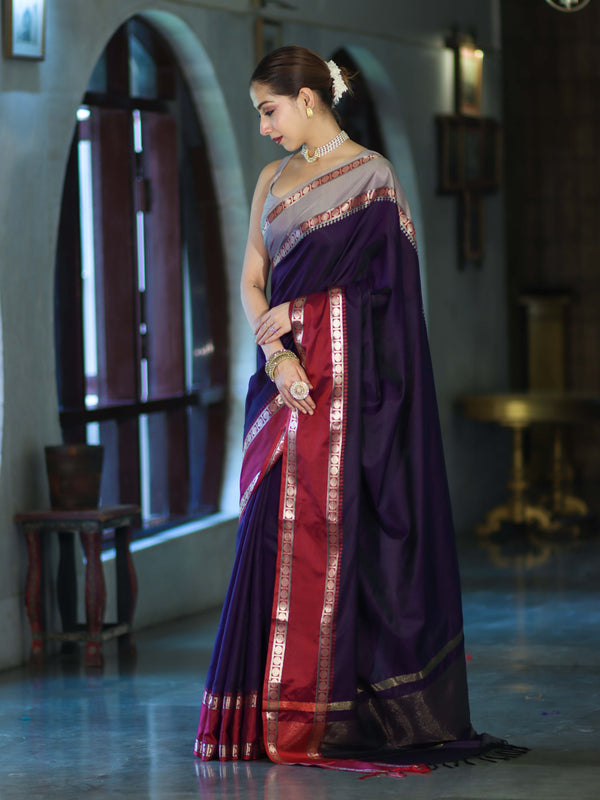Banarasee Handloom Plain Semi Silk Saree With Contrast Border-Violet & Grey
