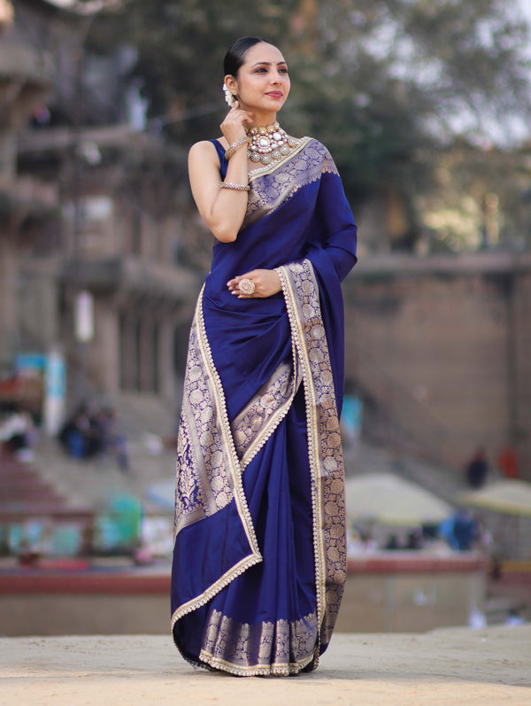 Banarasee Handloom Semi Silk Plain Saree With Zari Border & Lace-Blue