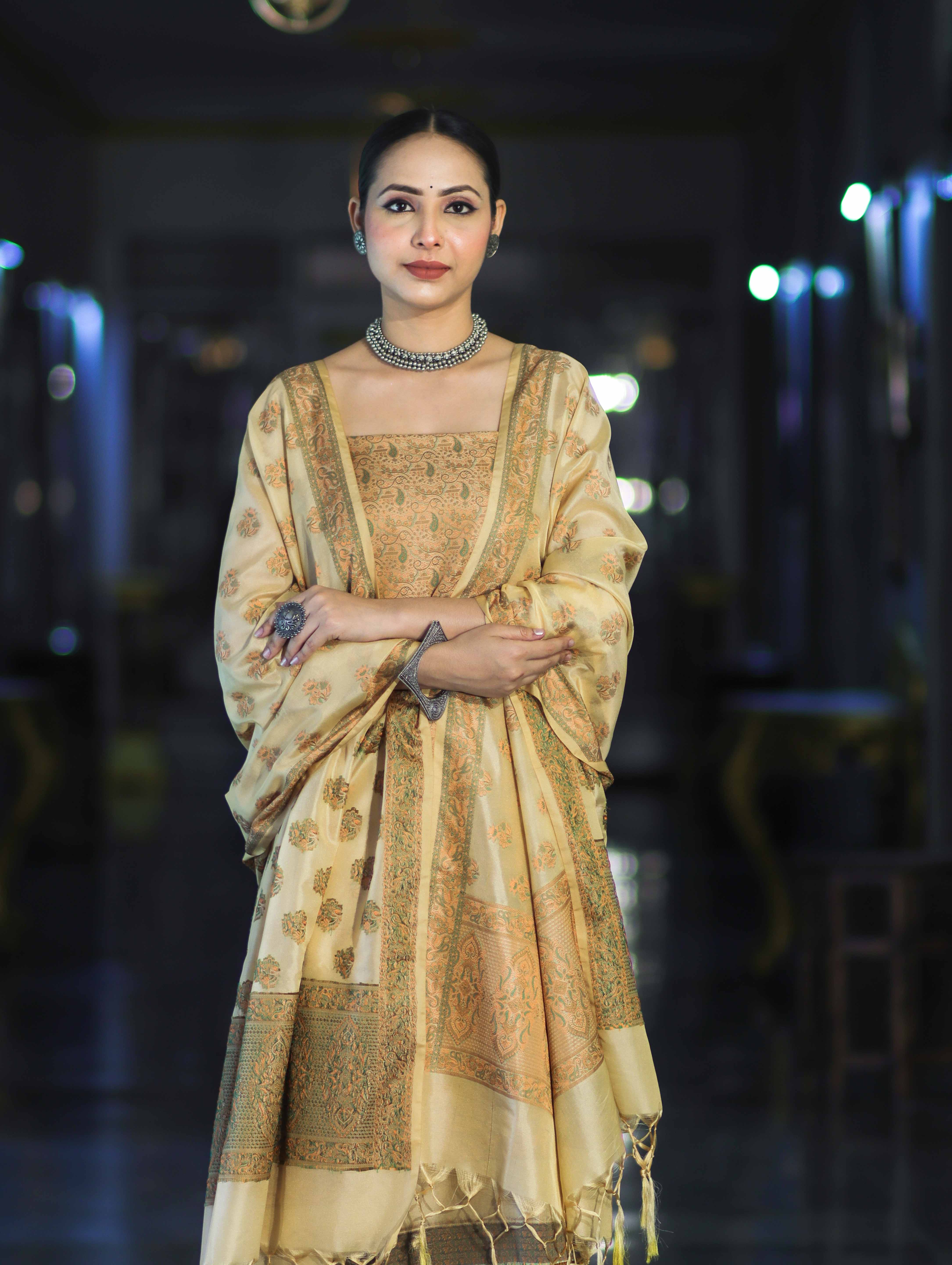 Banarasee Semi Katan Jamewar Weaving Salwar Kameez Fabric With Dupatta Set-Beige