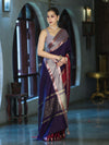 Banarasee Handloom Plain Semi Silk Saree With Contrast Border-Violet & Grey