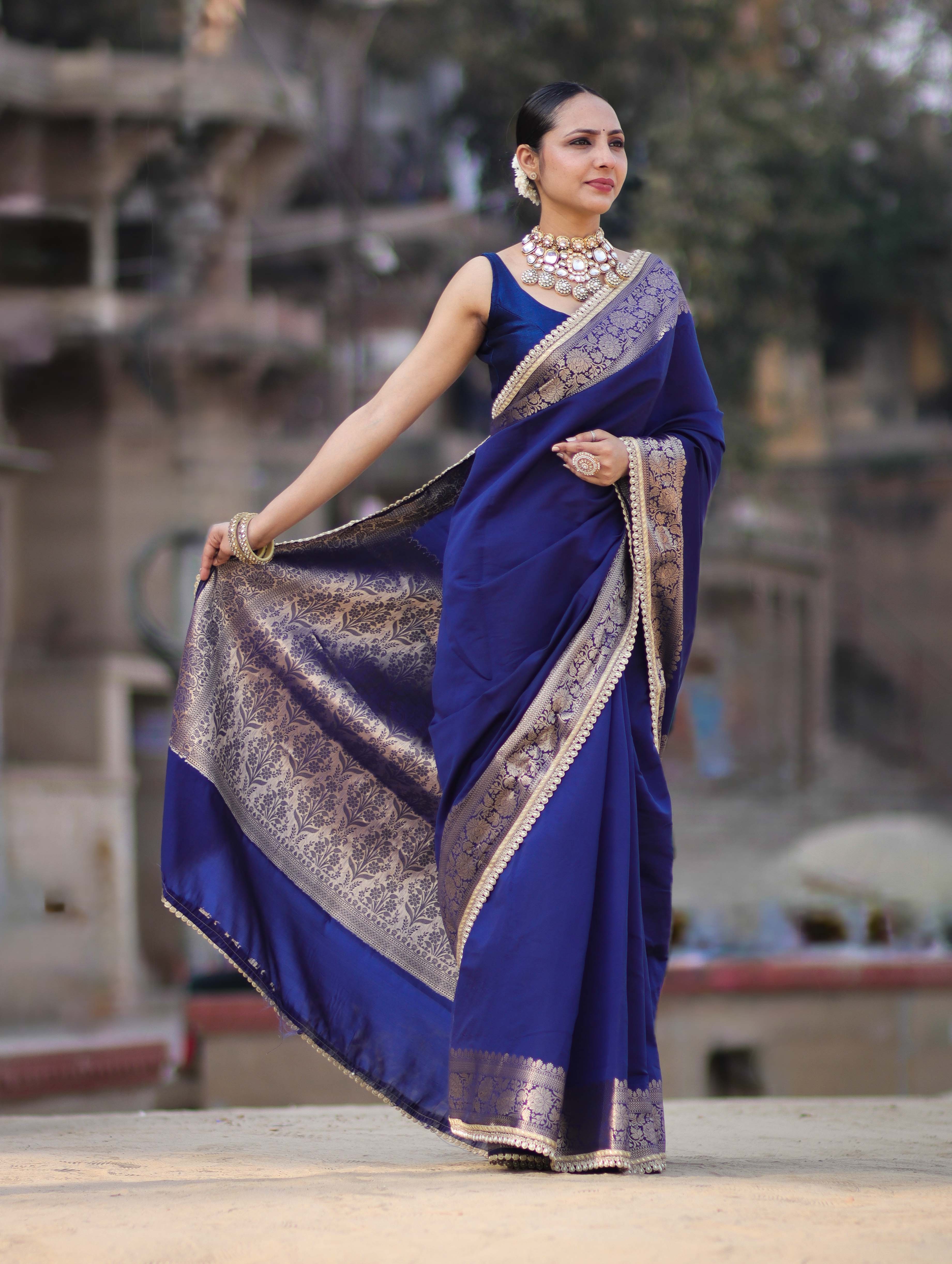 Banarasee Handloom Semi Silk Plain Saree With Zari Border & Lace-Blue