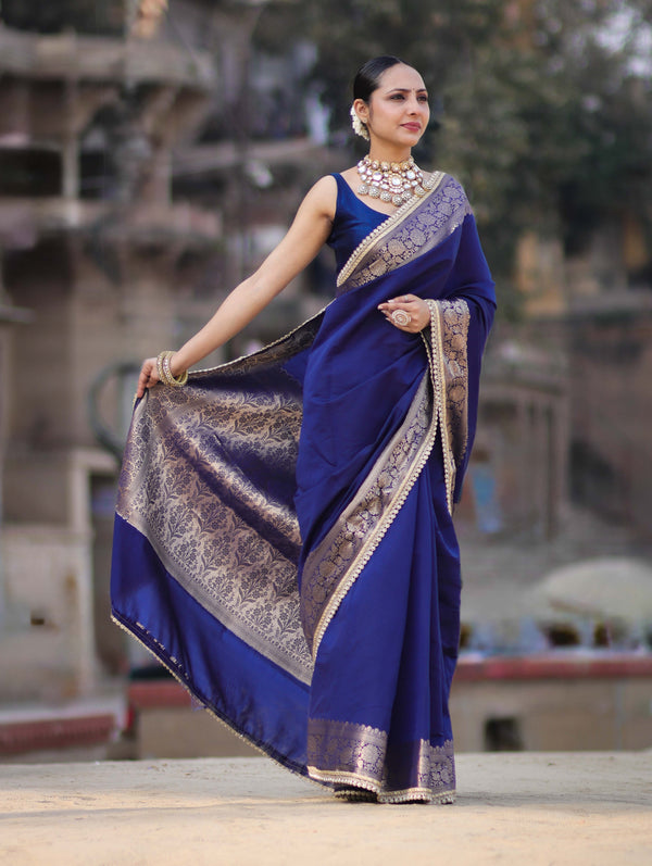 Banarasee Handloom Semi Silk Plain Saree With Zari Border & Lace-Blue