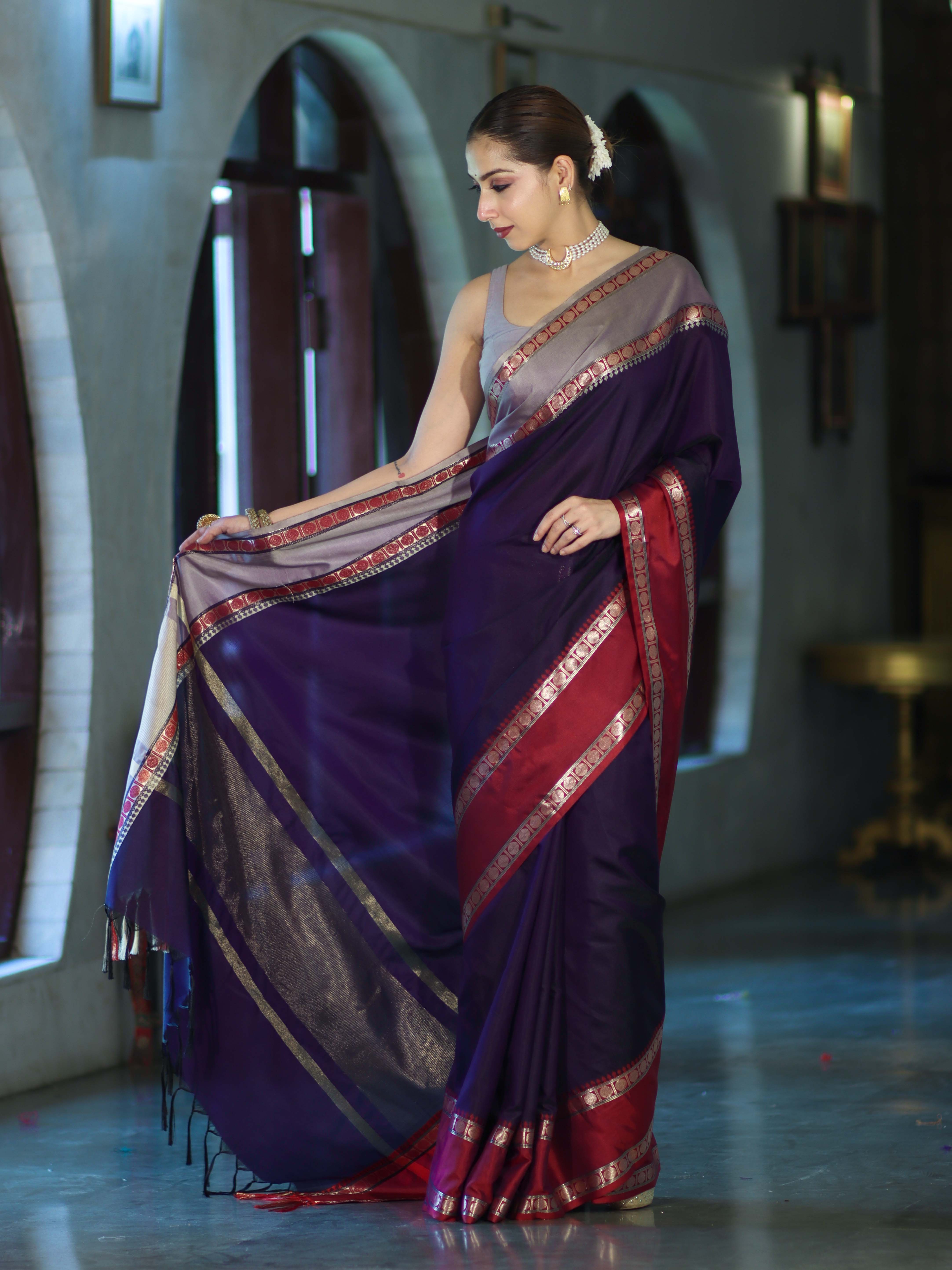 Banarasee Handloom Plain Semi Silk Saree With Contrast Border-Violet & Grey