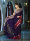 Banarasee Handloom Plain Semi Silk Saree With Contrast Border-Violet & Grey