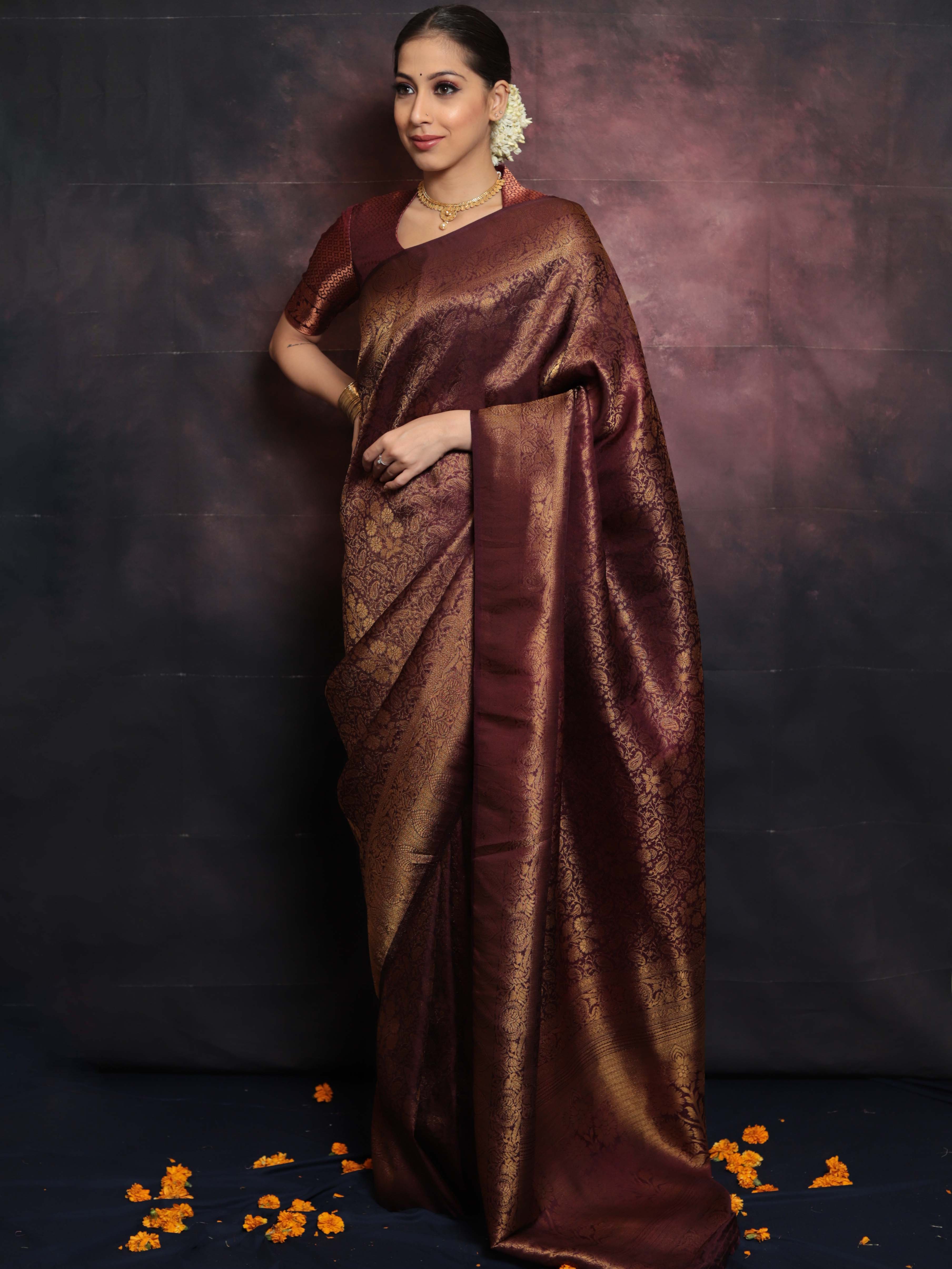 Banarasee Kubera Pattu Soft Silk Saree With Copper Zari Work-Brown