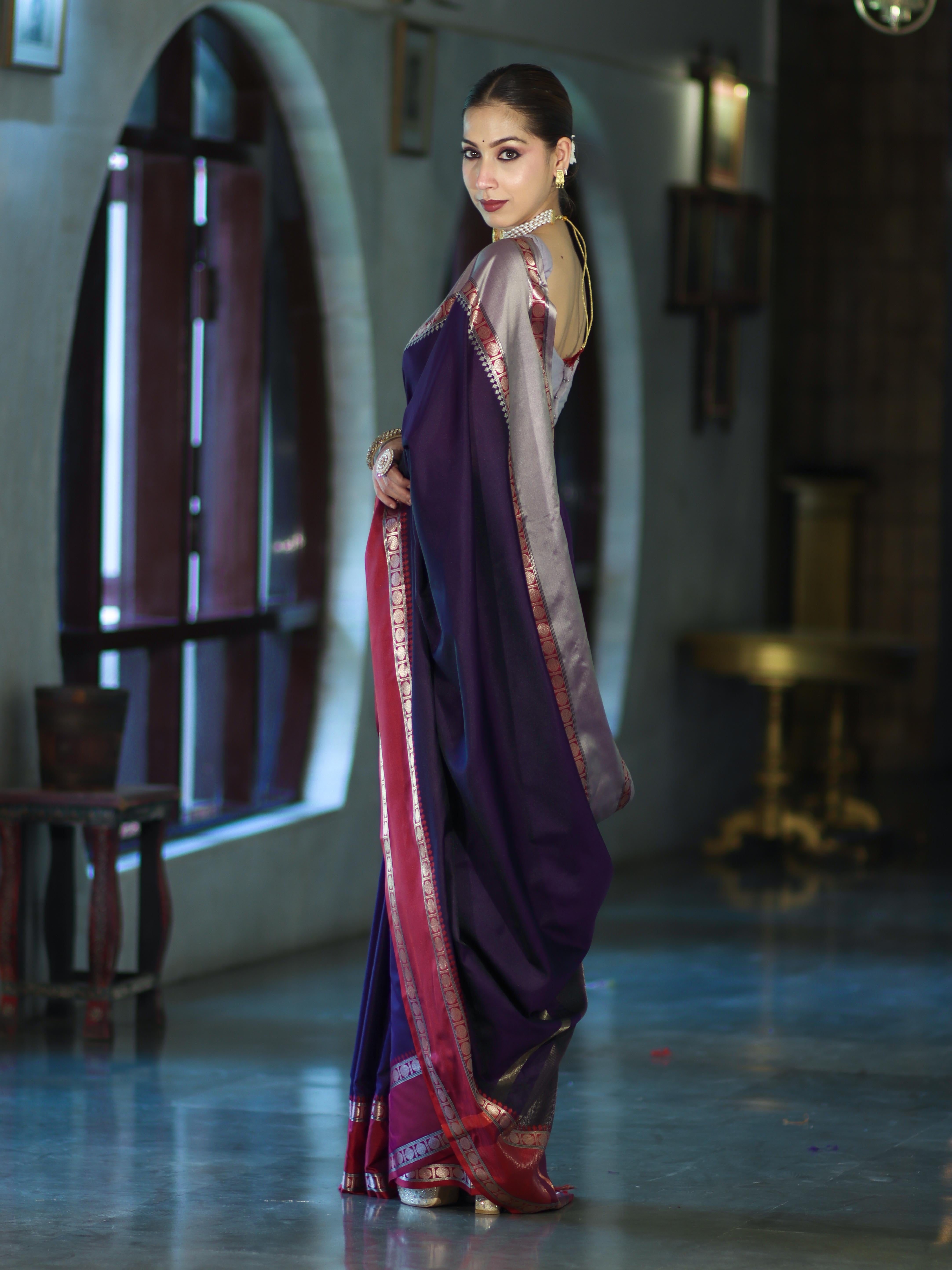 Banarasee Handloom Plain Semi Silk Saree With Contrast Border-Violet & Grey