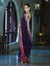 Banarasee Handloom Plain Semi Silk Saree With Contrast Border-Violet & Grey